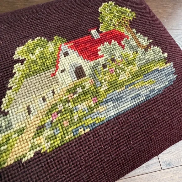 Elegant Brown and Burgundy Needlepoint Footstool - Picture 3 of 6